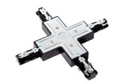 X-Verbinder in Schwarz für Schienensysteme, aus der Vogelperspektive fotografiert.