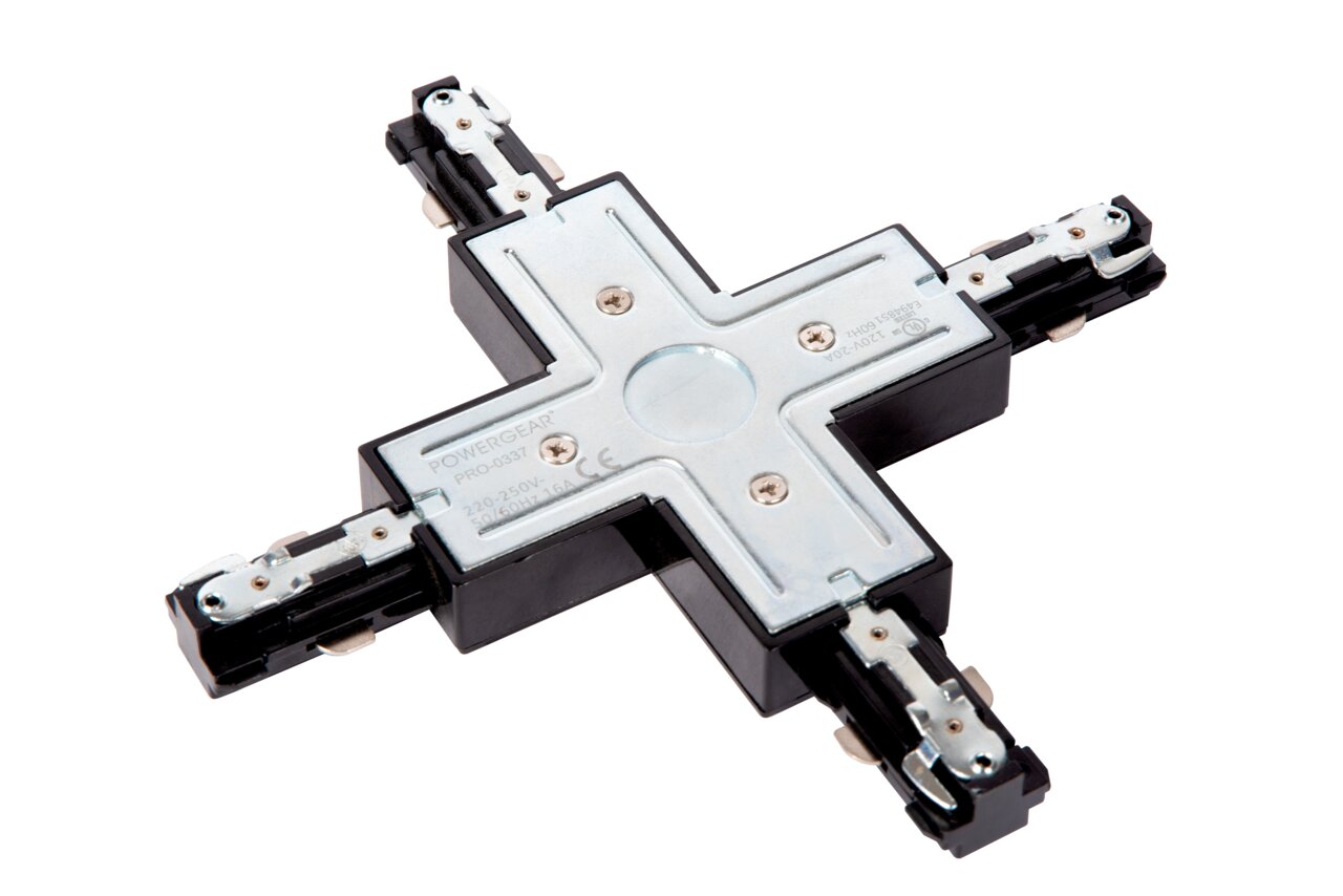 X-Verbinder in Schwarz für Schienensysteme, aus der Vogelperspektive fotografiert.