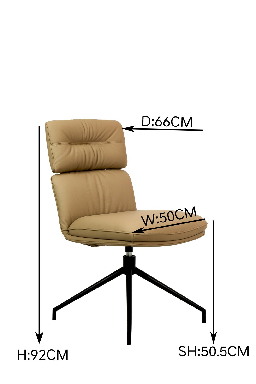 Moderner, beiger Stuhl mit gepolsterter Rückenlehne und Sitzfläche, schwarzem Metallgestell, seitliche Perspektive