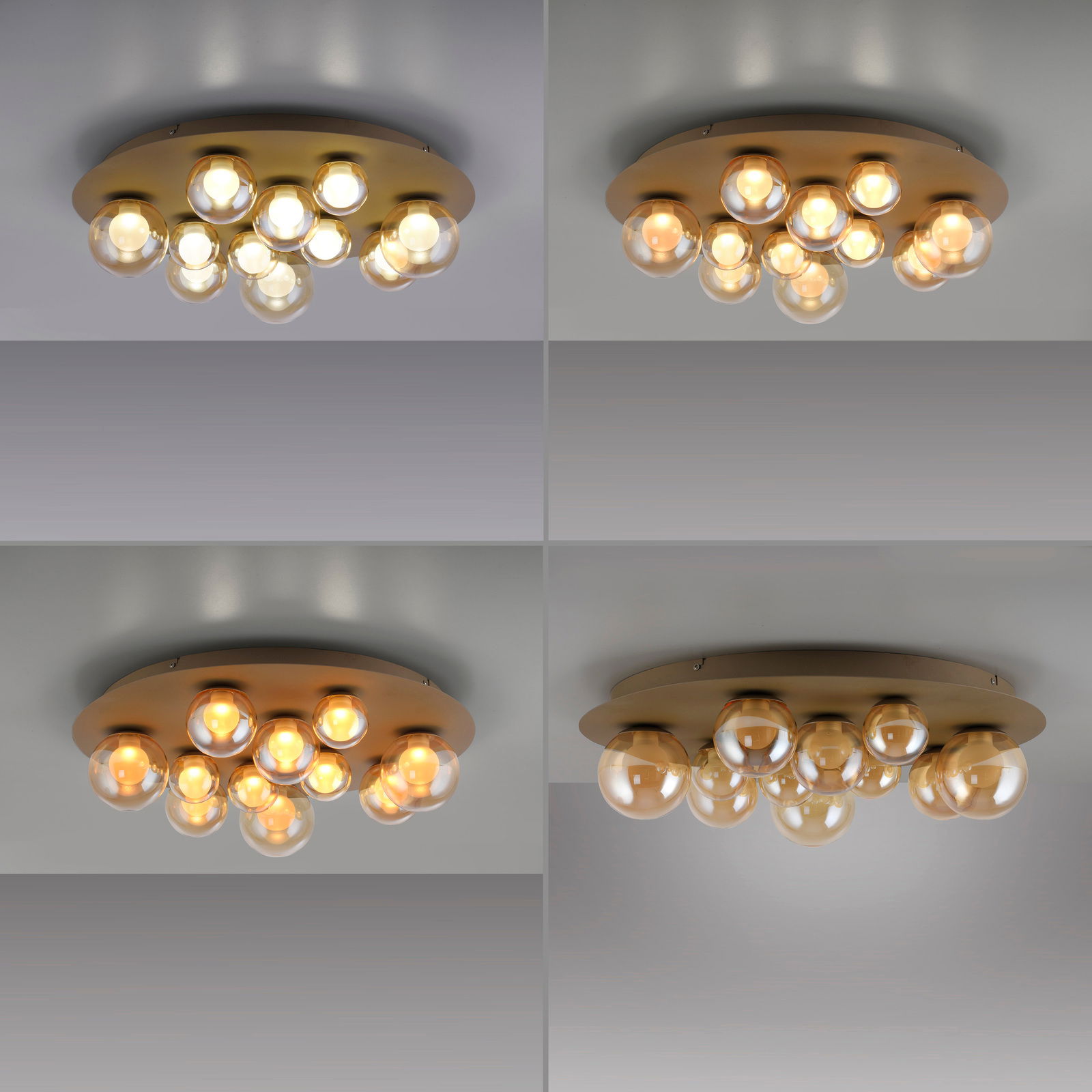 LED-Deckenleuchte mit mehreren kugelförmigen Glühbirnen, von unten und seitlich betrachtet.