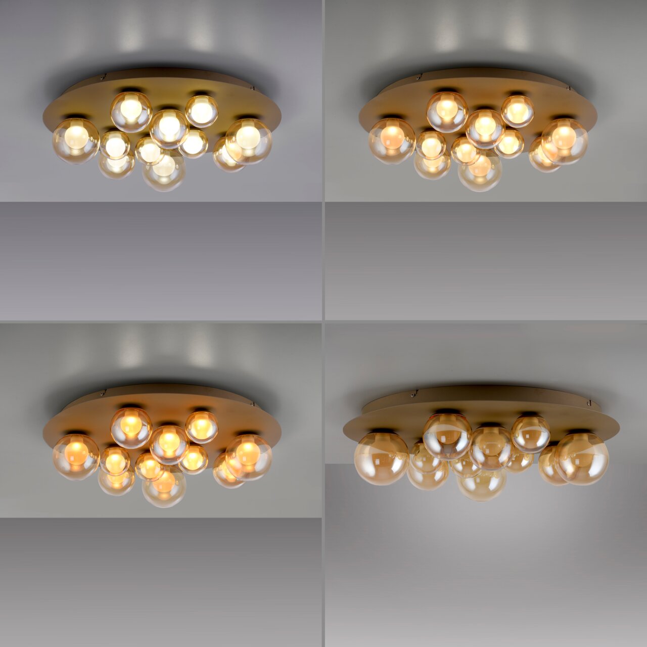 LED-Deckenleuchte mit mehreren kugelförmigen Glühbirnen, von unten und seitlich betrachtet.