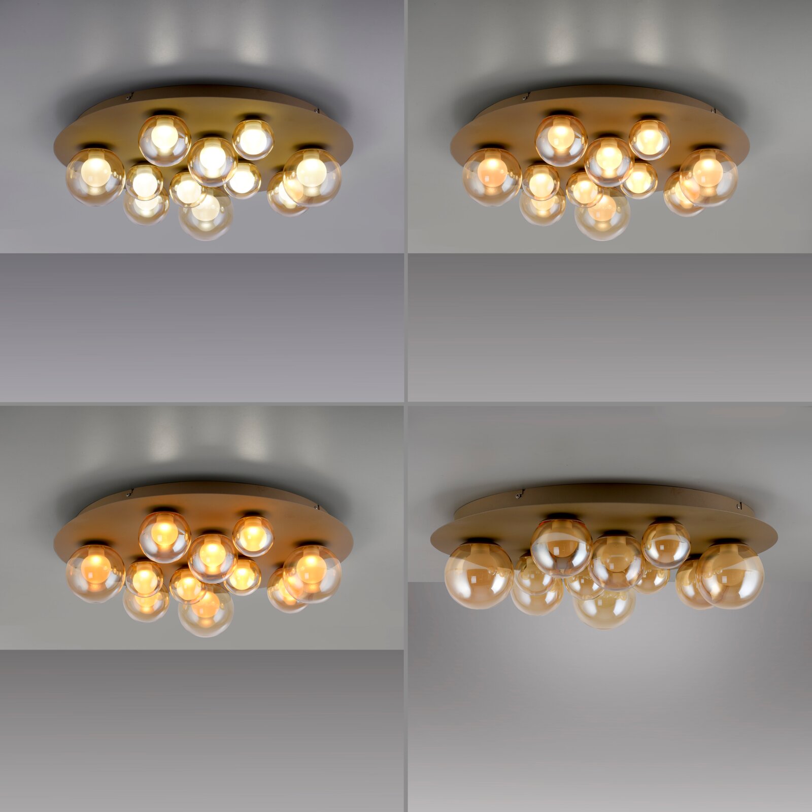 LED-Deckenleuchte mit mehreren kugelförmigen Glühbirnen, von unten und seitlich betrachtet.