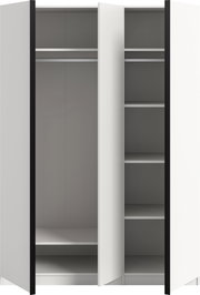 Offener Kleiderschrank in Weiß mit schwarzem Rahmen, links Kleiderstange und Ablage, rechts mehrere Regalböden; Frontansicht.
