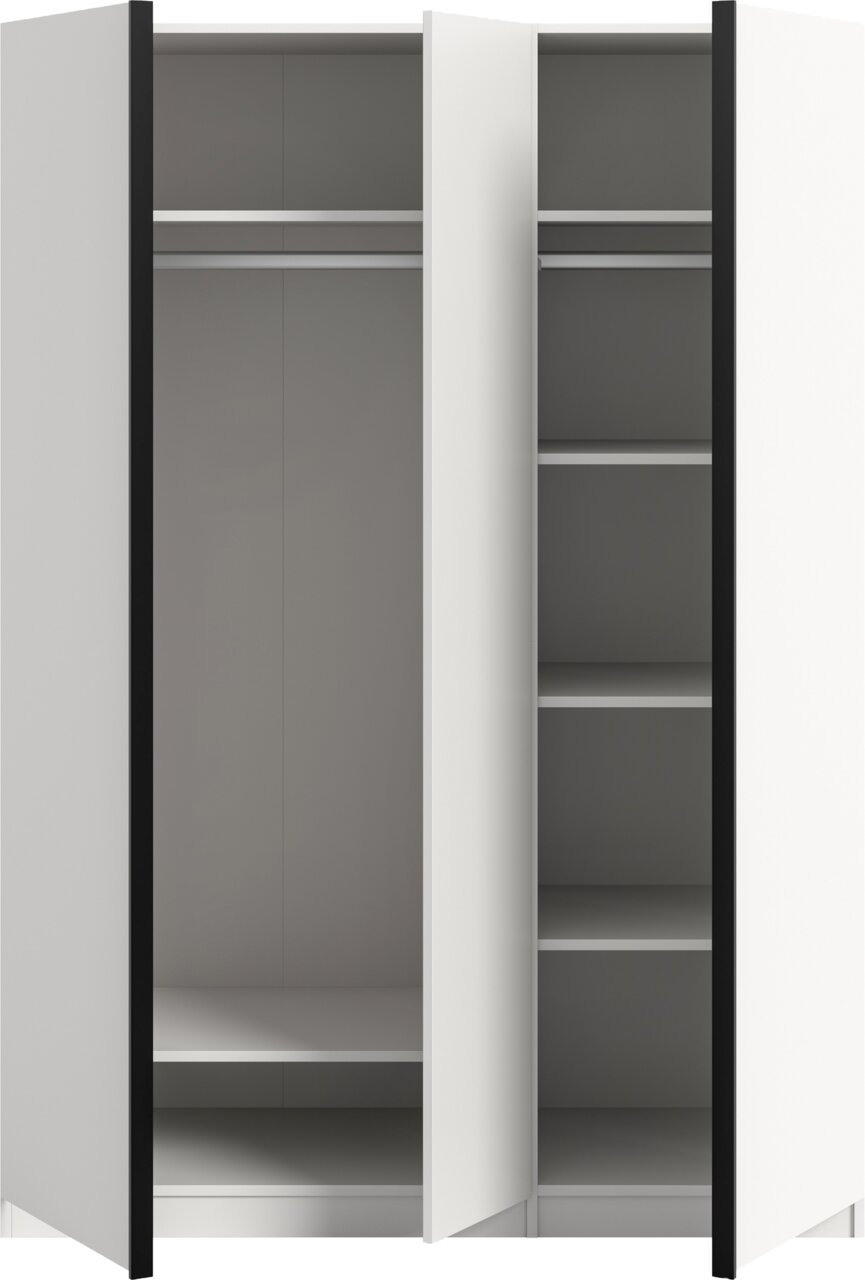 Offener Kleiderschrank in Weiß mit schwarzem Rahmen, links Kleiderstange und Ablage, rechts mehrere Regalböden; Frontansicht.