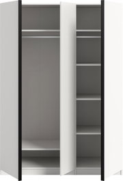Offener Kleiderschrank in Weiß mit schwarzem Rahmen, links Kleiderstange und Ablage, rechts mehrere Regalböden; Frontansicht.