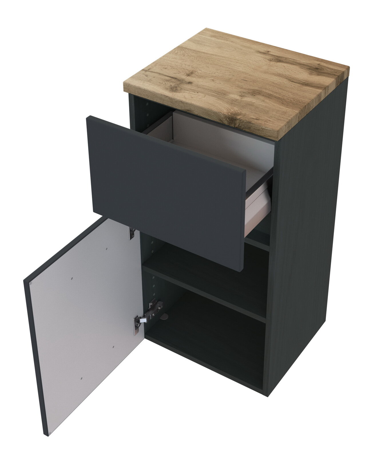 Unterschrank mit Holzoberfläche, geöffneter Schublade und Tür, Perspektive von schräg oben