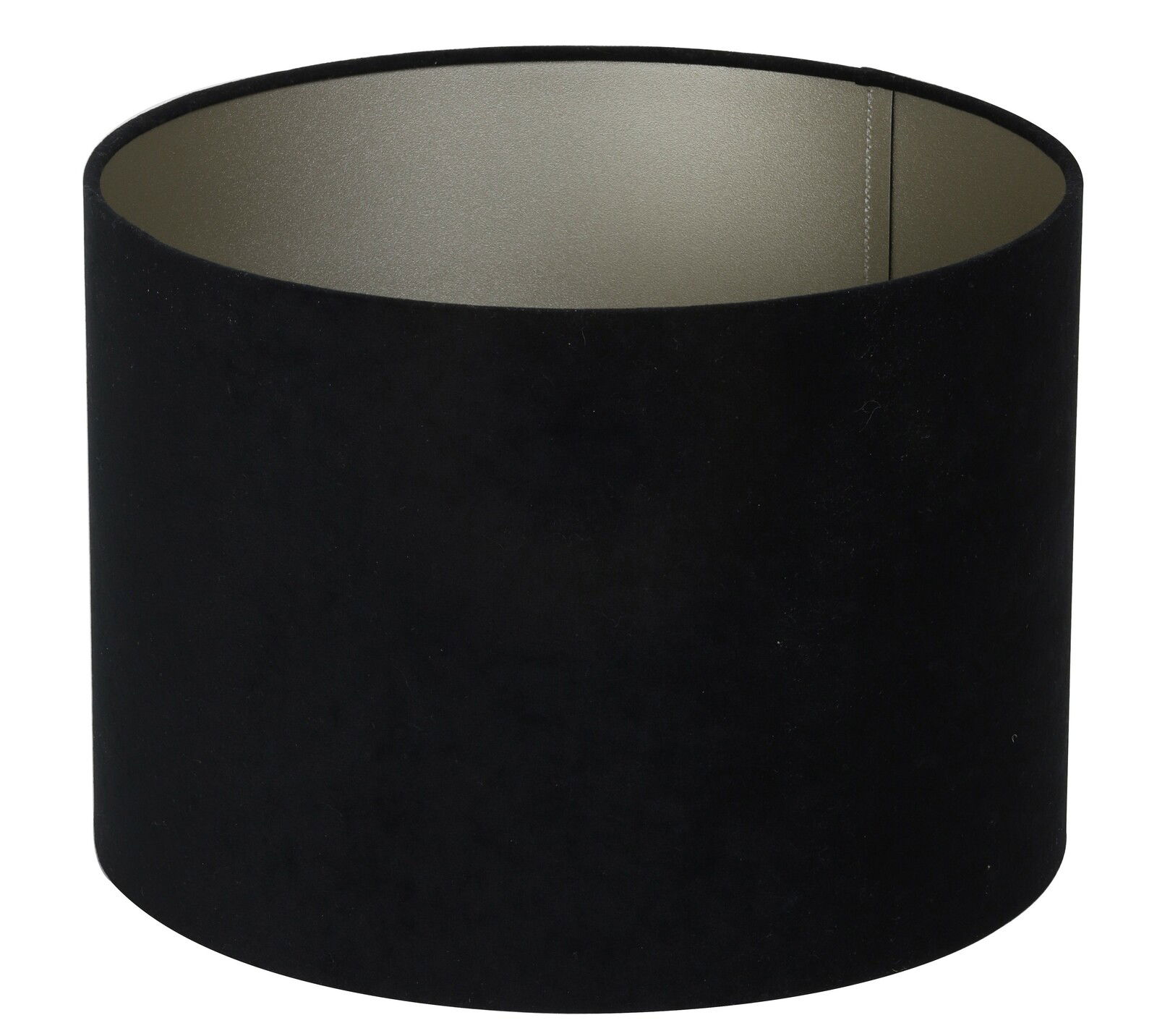 Schwarzer zylindrischer Lampenschirm, seitliche Perspektive, mit hellem Innenfutter.