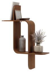 Modernes Wandregal aus Holz mit geschwungenem Design, dekoriert mit Vasen und einem Bilderrahmen, seitliche Perspektive.