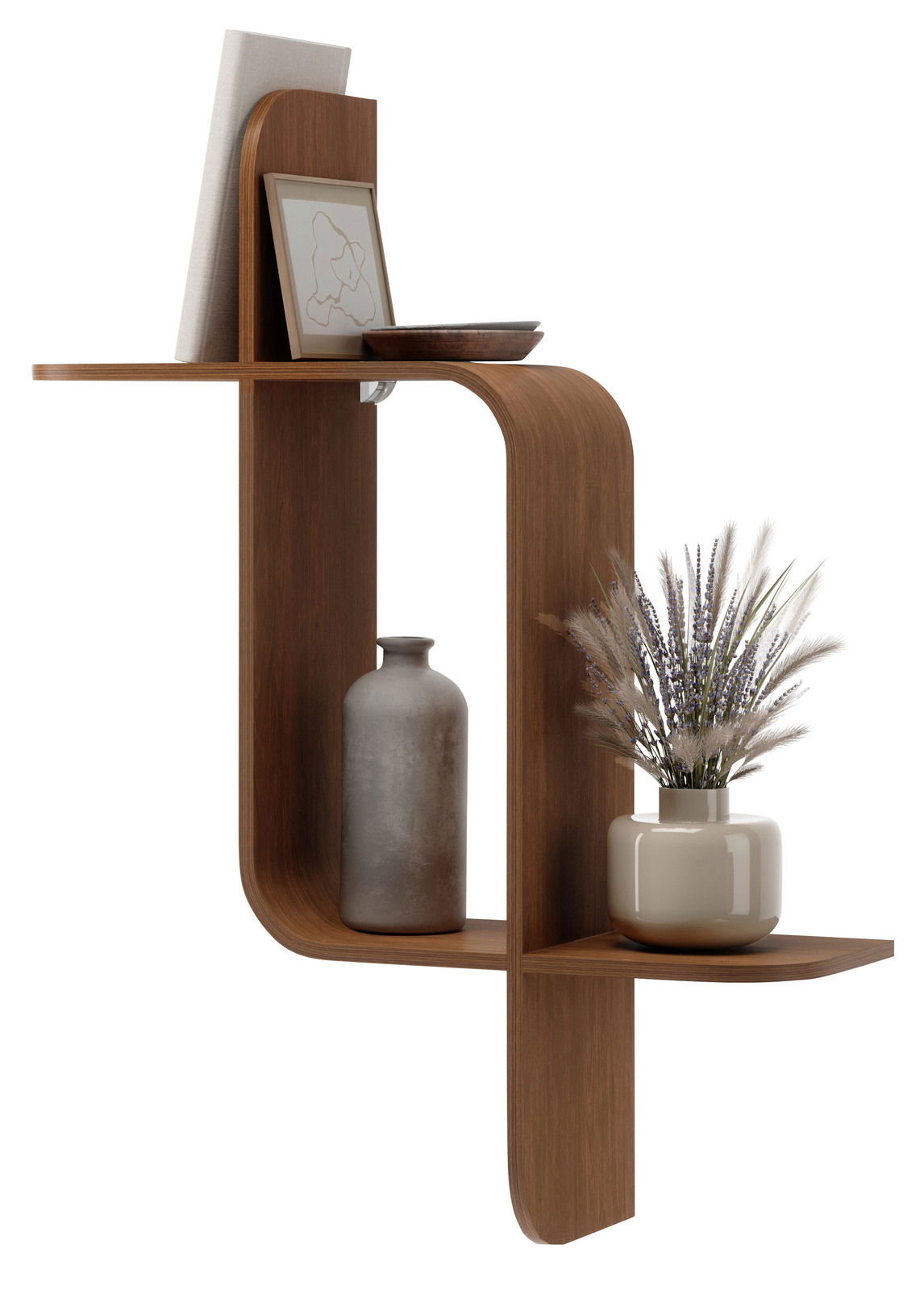 Modernes Wandregal aus Holz mit geschwungenem Design, dekoriert mit Vasen und einem Bilderrahmen, seitliche Perspektive.