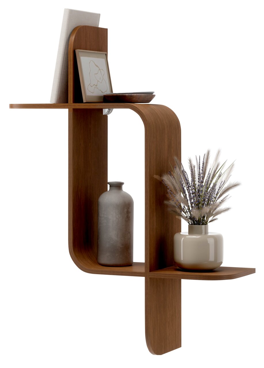 Moderne houten wandplank met een gebogen vormgeving, versierd met vazen en een fotolijst, gezien vanaf de zijkant.