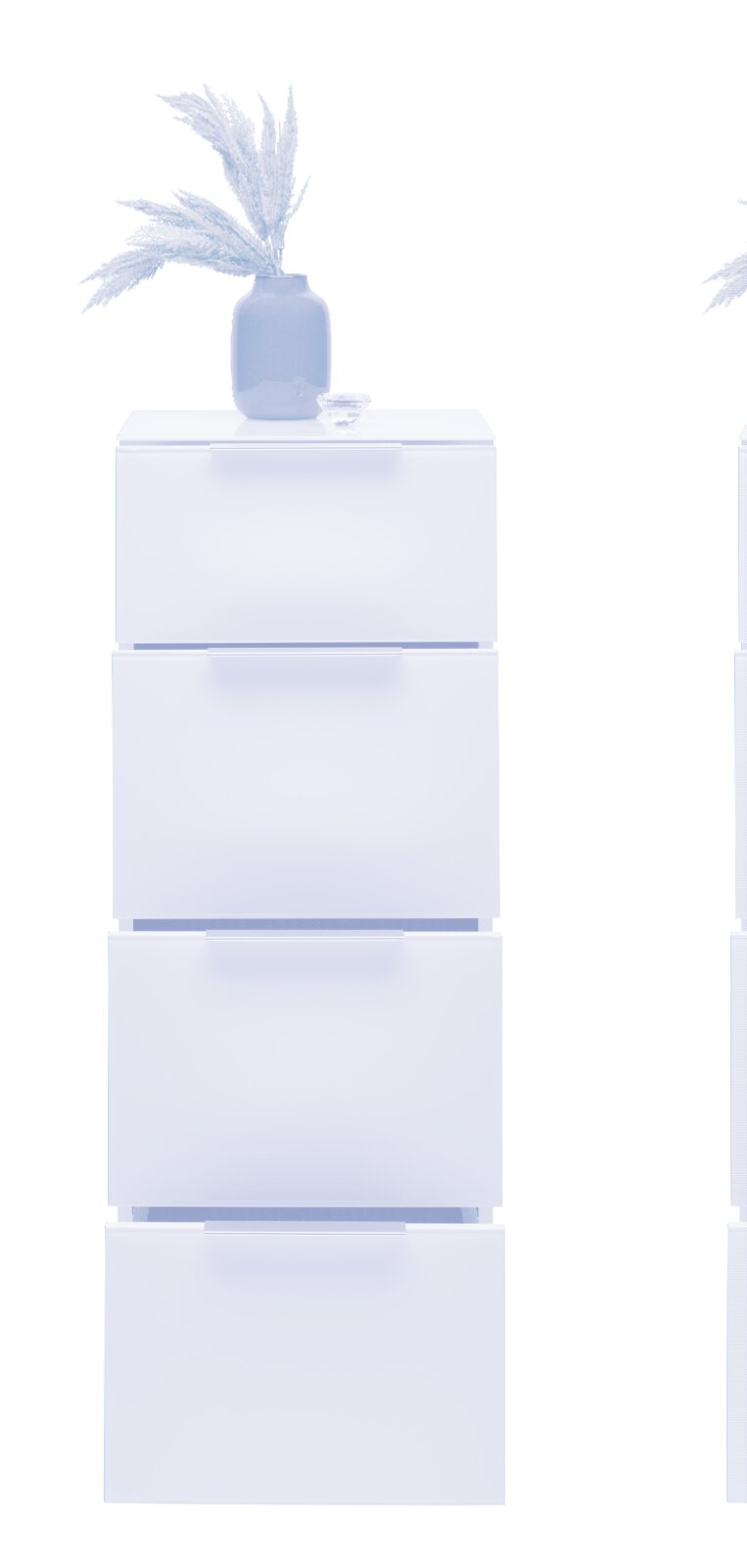 Hochkommode mit vier Schubladen, darauf eine blaue Vase mit getrockneten Gräsern, frontale Ansicht