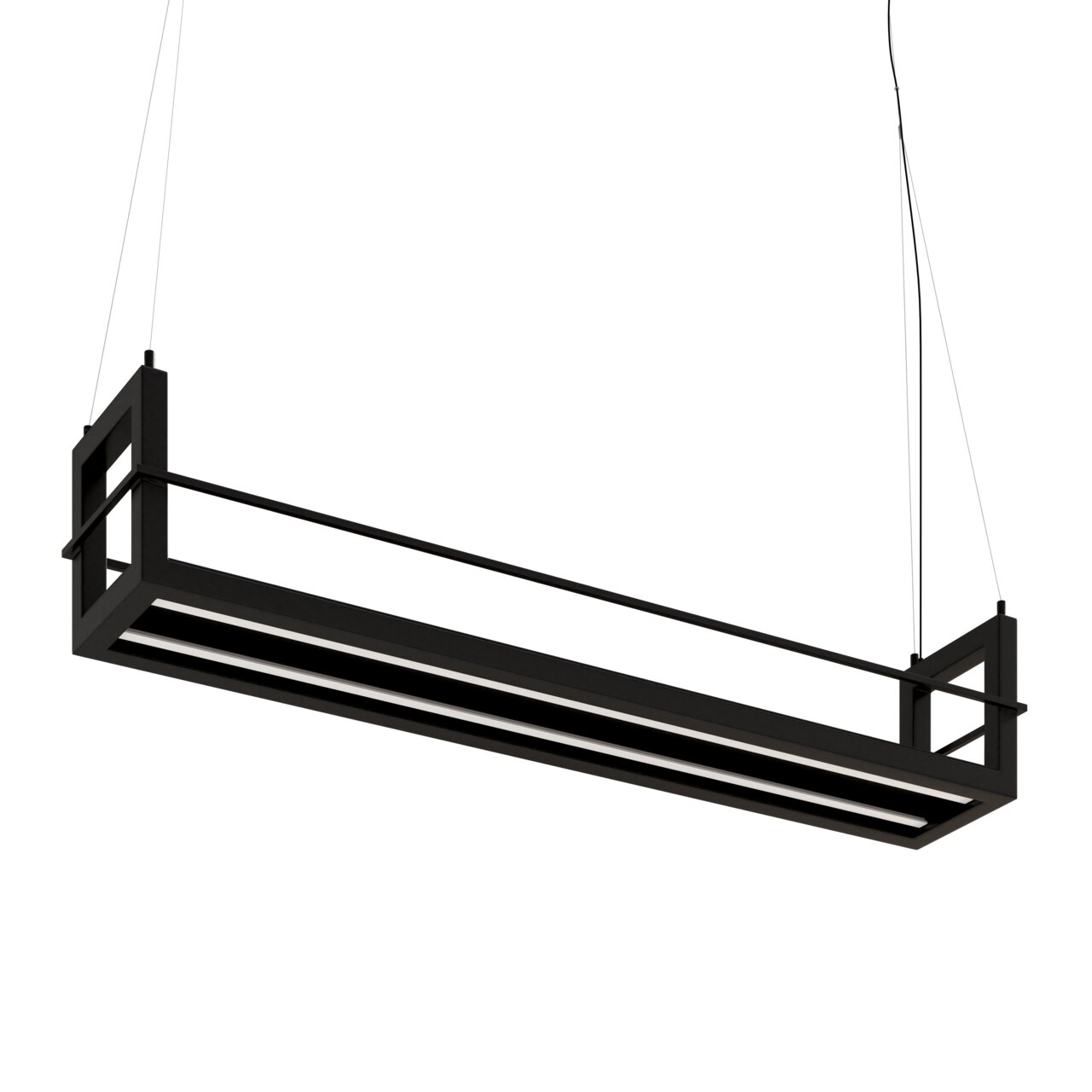 Zwarte, langwerpige LED-hanglamp in een rechthoekige behuizing met twee lichtlijsten, bevestigd aan kabelophangingen, in een schuin perspectief van onderaf aan de voorkant afgebeeld tegen een zwarte achtergrond.