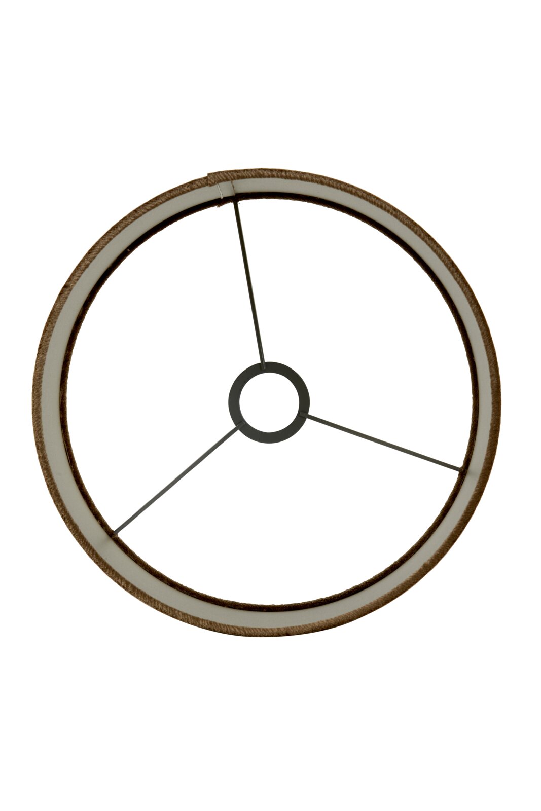 Bovenaanzicht van een ronde lampenkap met metalen spanten, cilindervormig, met een bruine rand.