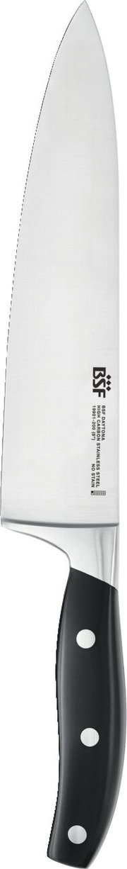 Kochmesser mit schwarzem Griff und silberner Klinge, seitliche Ansicht