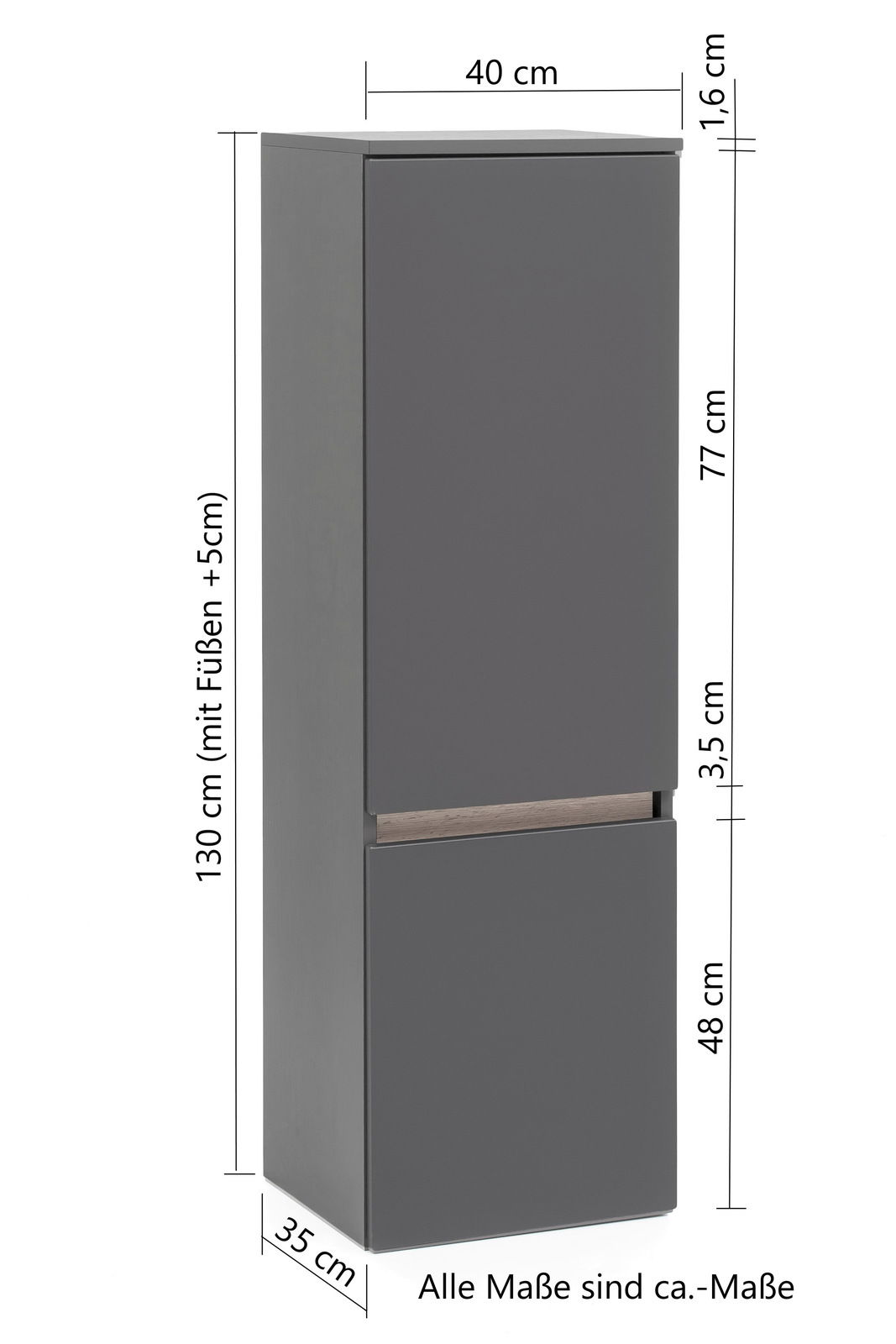 Grauer Midischrank in Seitenansicht mit Maßen: 130 cm hoch, 40 cm breit, 35 cm tief.