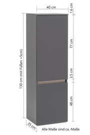 Grauer Midischrank in Seitenansicht mit Maßen: 130 cm hoch, 40 cm breit, 35 cm tief.