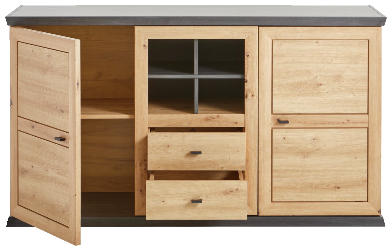 Vooraanzicht van een houten dressoir met open lades en deuren, model Hom'in Sideboard CAMRON.