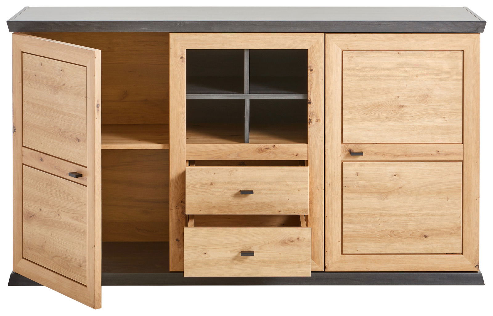 Frontale Ansicht eines Sideboards aus Holz mit offenen Schubladen und Türen, Modell Hom'in Sideboard CAMRON.