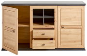 Frontale Ansicht eines Sideboards aus Holz mit offenen Schubladen und Türen, Modell Hom'in Sideboard CAMRON.