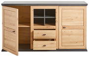 Frontale Ansicht eines Sideboards aus Holz mit offenen Schubladen und Türen, Modell Hom'in Sideboard CAMRON.
