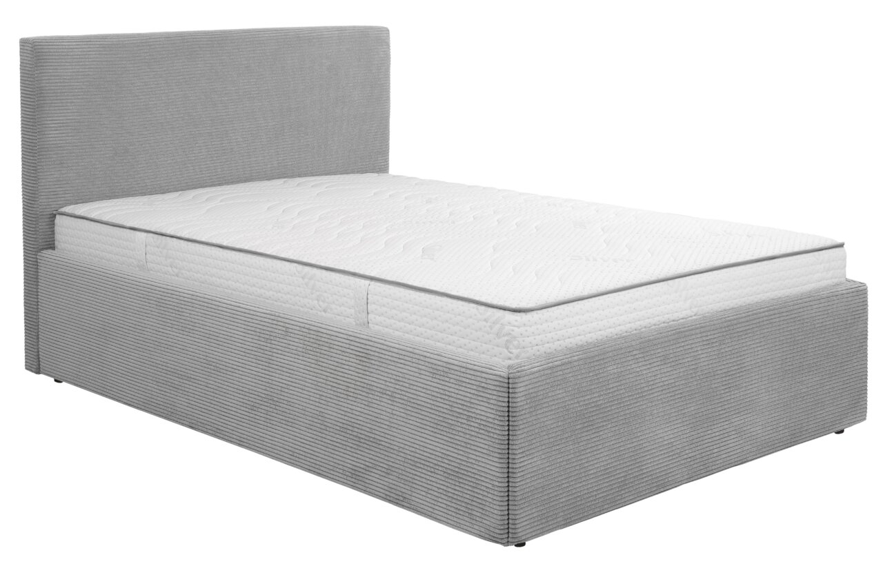 Graues Polsterbett 140x200 mit gestepptem Kopfteil und Matratze, seitliche Perspektive