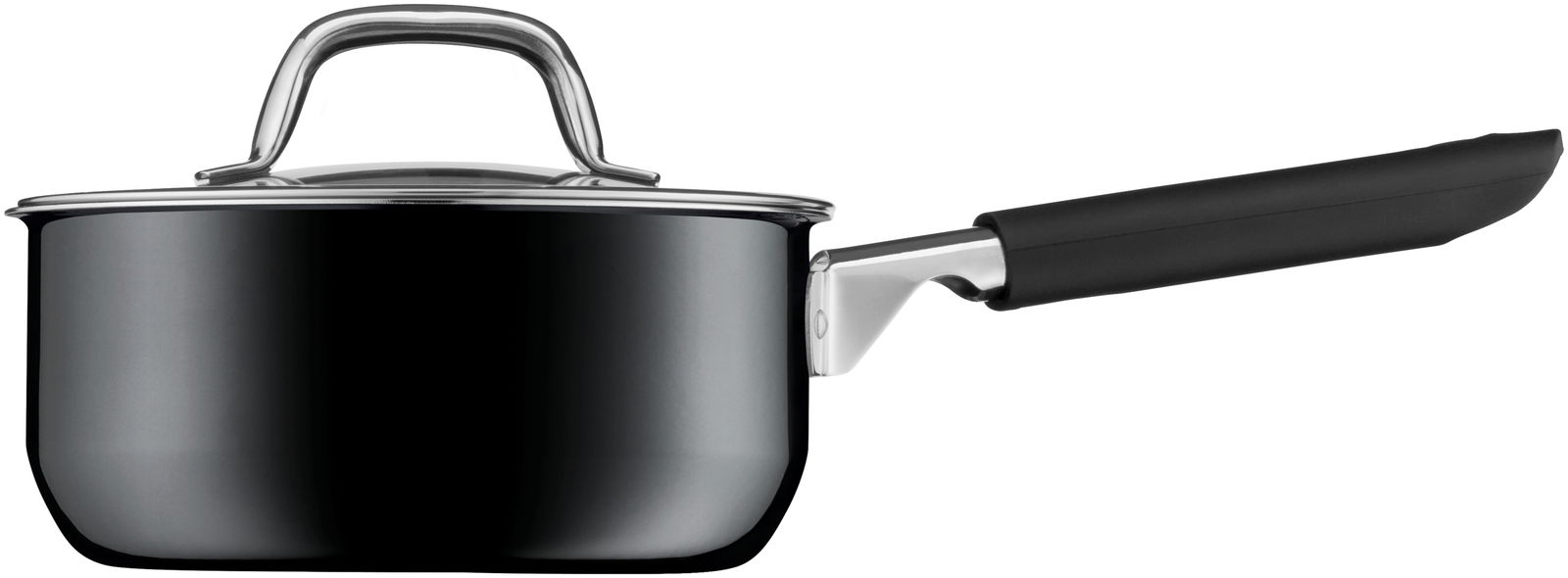 Seitliche Ansicht eines schwarzen Kochtopfs mit Deckel und langem Griff, Teil des WMF Mineral Topf-Sets, 4-teilig, Rose Quartz FUSIONTEC.