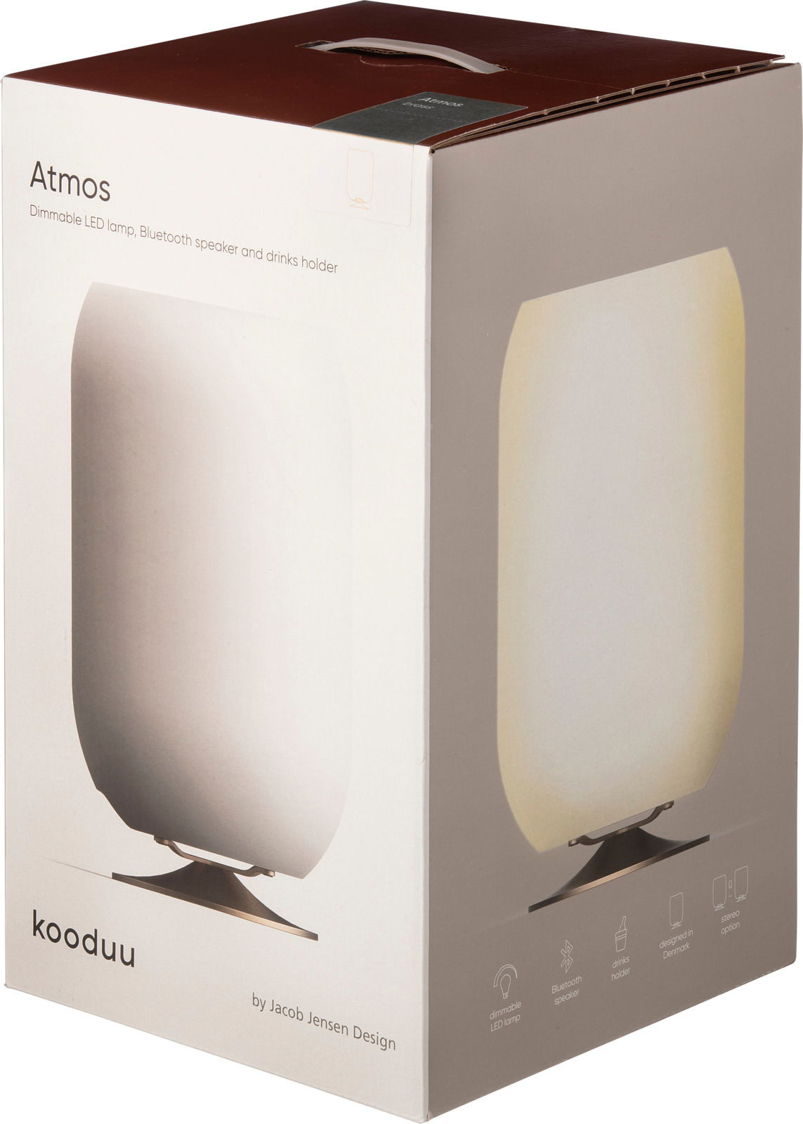 Verpackung der Atmos Lampe in gebürstetem Silber, dimmbare LED-Lampe, Bluetooth-Lautsprecher und Getränkehalter, Vorderansicht.