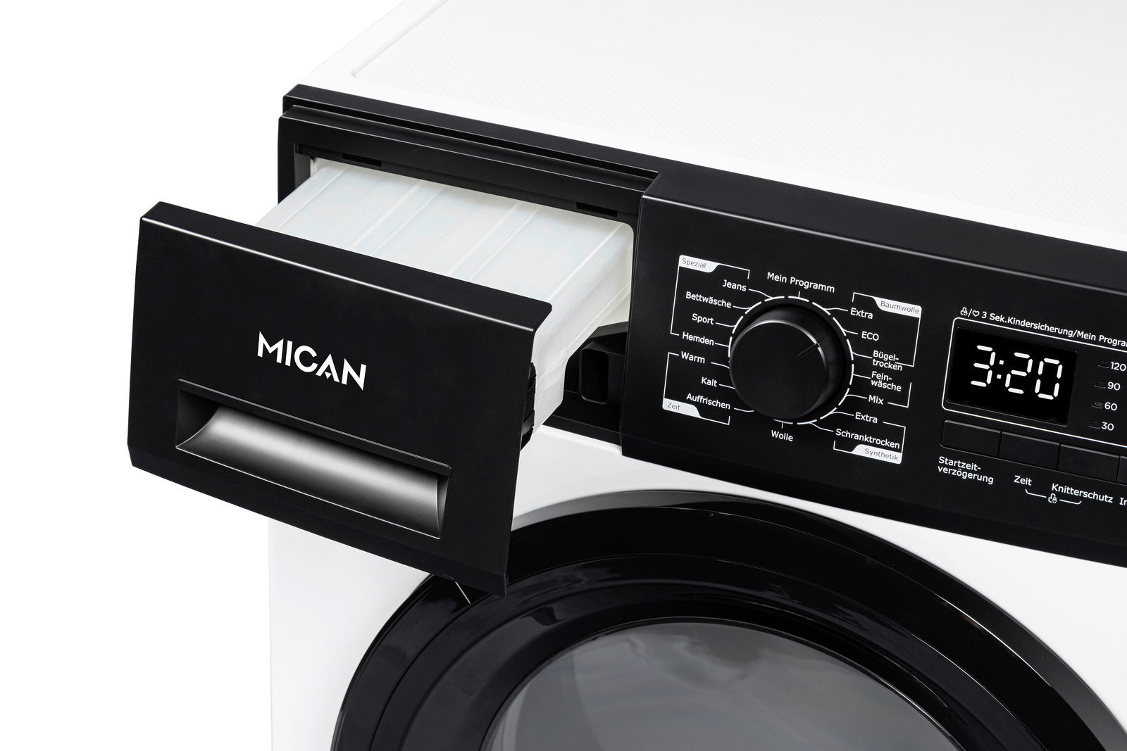 Nahaufnahme eines Stand-Wärmepumpentrockners von schräg oben, mit geöffneter Schublade und sichtbarem Bedienfeld.