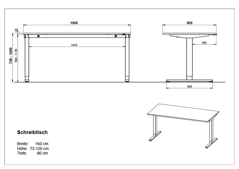 Zeichnung eines höhenverstellbaren E-Schreibtischs mit den Maßen: Breite 160 cm, Höhe 73-120 cm, Tiefe 80 cm. Perspektive von vorne, seitlich und in 3D-Ansicht.