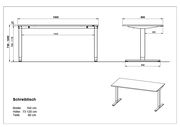 Zeichnung eines höhenverstellbaren E-Schreibtischs mit den Maßen: Breite 160 cm, Höhe 73-120 cm, Tiefe 80 cm. Perspektive von vorne, seitlich und in 3D-Ansicht.