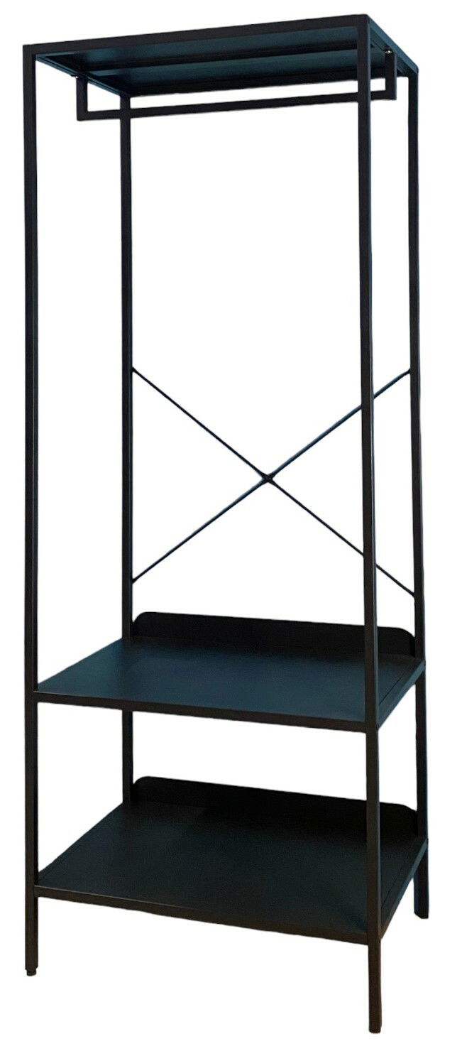 Schwarze Standgarderobe mit zwei Ablageflächen und einem oberen Regal, seitliche Perspektive
