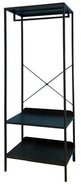 Schwarze Standgarderobe mit zwei Ablageflächen und einem oberen Regal, seitliche Perspektive