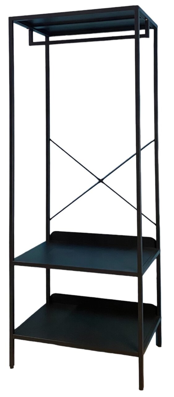 Z2 Standgarderobe GLEN Schwarze Standgarderobe mit zwei Ablageflächen und einem oberen Regal, seitliche Perspektive