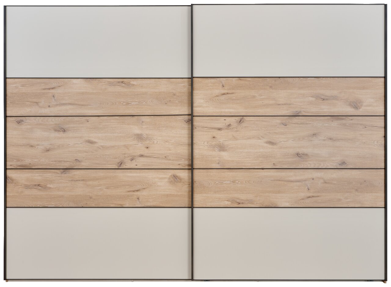 Zweifarbiger Schwebetürenschrank mit Holz- und Cremeelementen, Frontalansicht