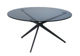Runder Couchtisch mit Glasplatte und modernem Metallgestell, seitliche Perspektive