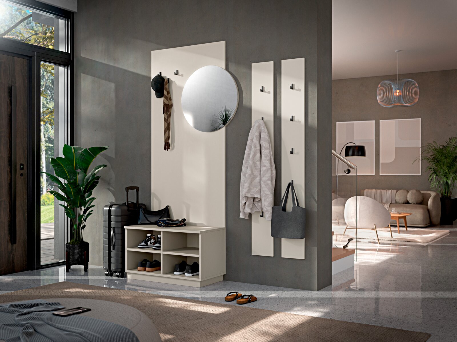 Carryhome Kompaktgarderobe SAMMY Moderner Flur mit weißer Garderobenwand, rundem Spiegel, Hakenleisten und Schuhbank, fotografiert in frontaler Perspektive leicht von links.