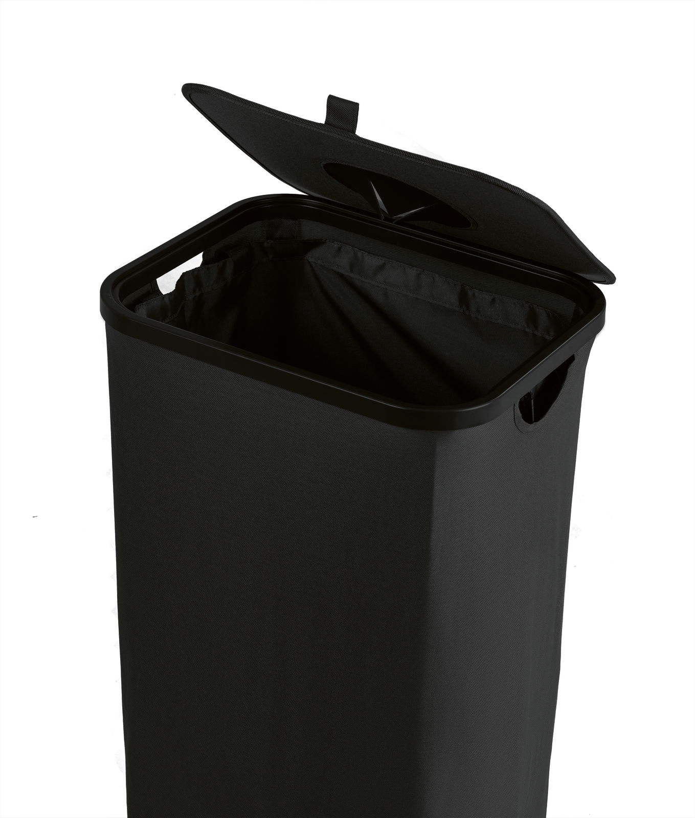 Schwarzer Pfandflaschen Sammelbehälter mit geöffnetem Deckel, seitliche Perspektive