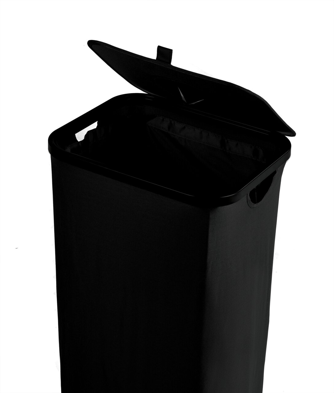 Schwarzer Pfandflaschen Sammelbehälter mit geöffnetem Deckel, seitliche Perspektive