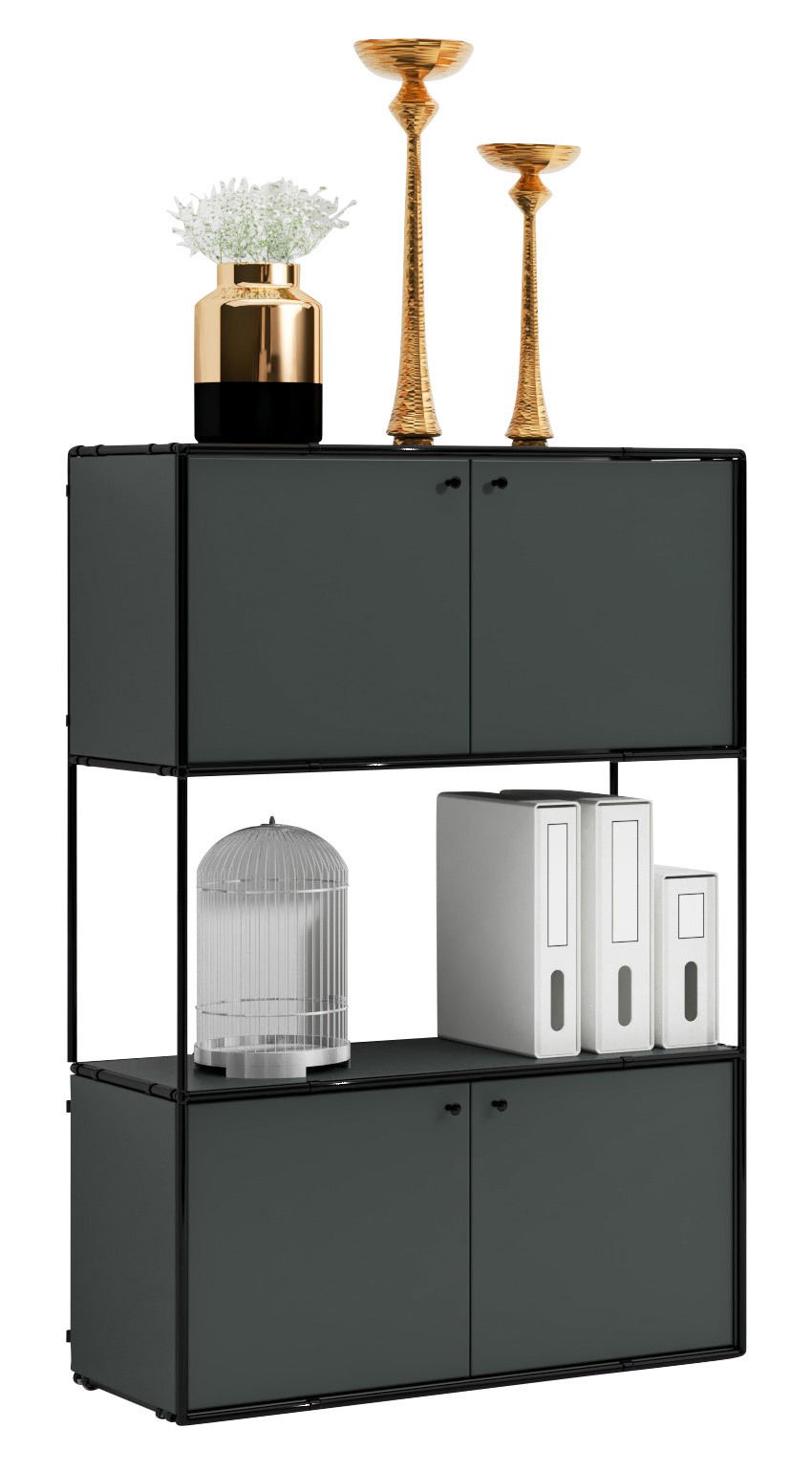 Modernes Highboard in dunklem Design mit zwei Regalfächern und dekorativen Accessoires, frontal betrachtet.