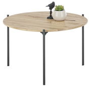 Runder Beistelltisch aus Holz mit schwarzen Metallbeinen, dekoriert mit einer kleinen Pflanze und einer Vogelstatue, seitliche Perspektive