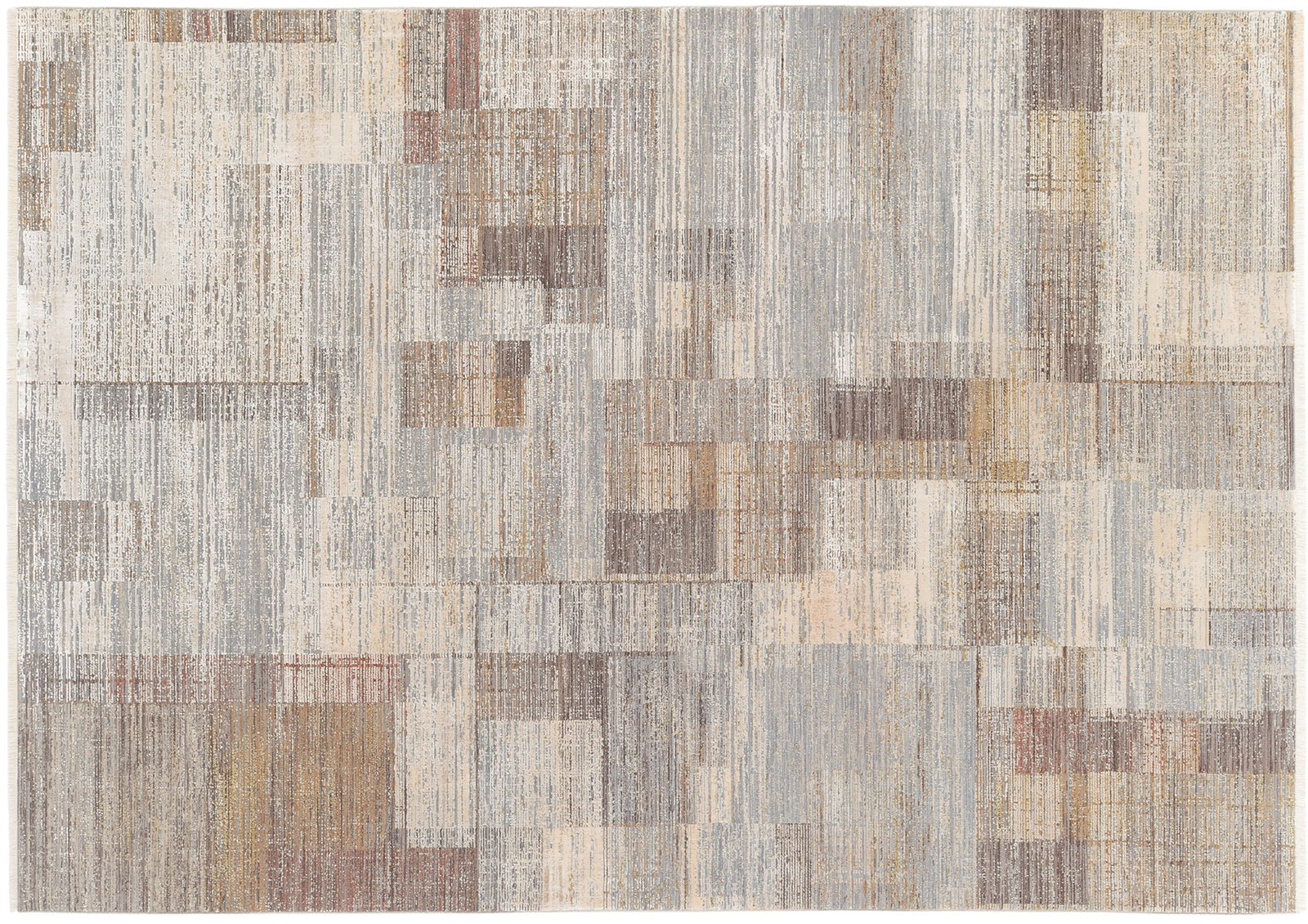 Moderner Designer-Teppich in neutralen Farben mit geometrischem Muster, Draufsicht.