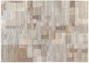 Moderner Designer-Teppich in neutralen Farben mit geometrischem Muster, Draufsicht.