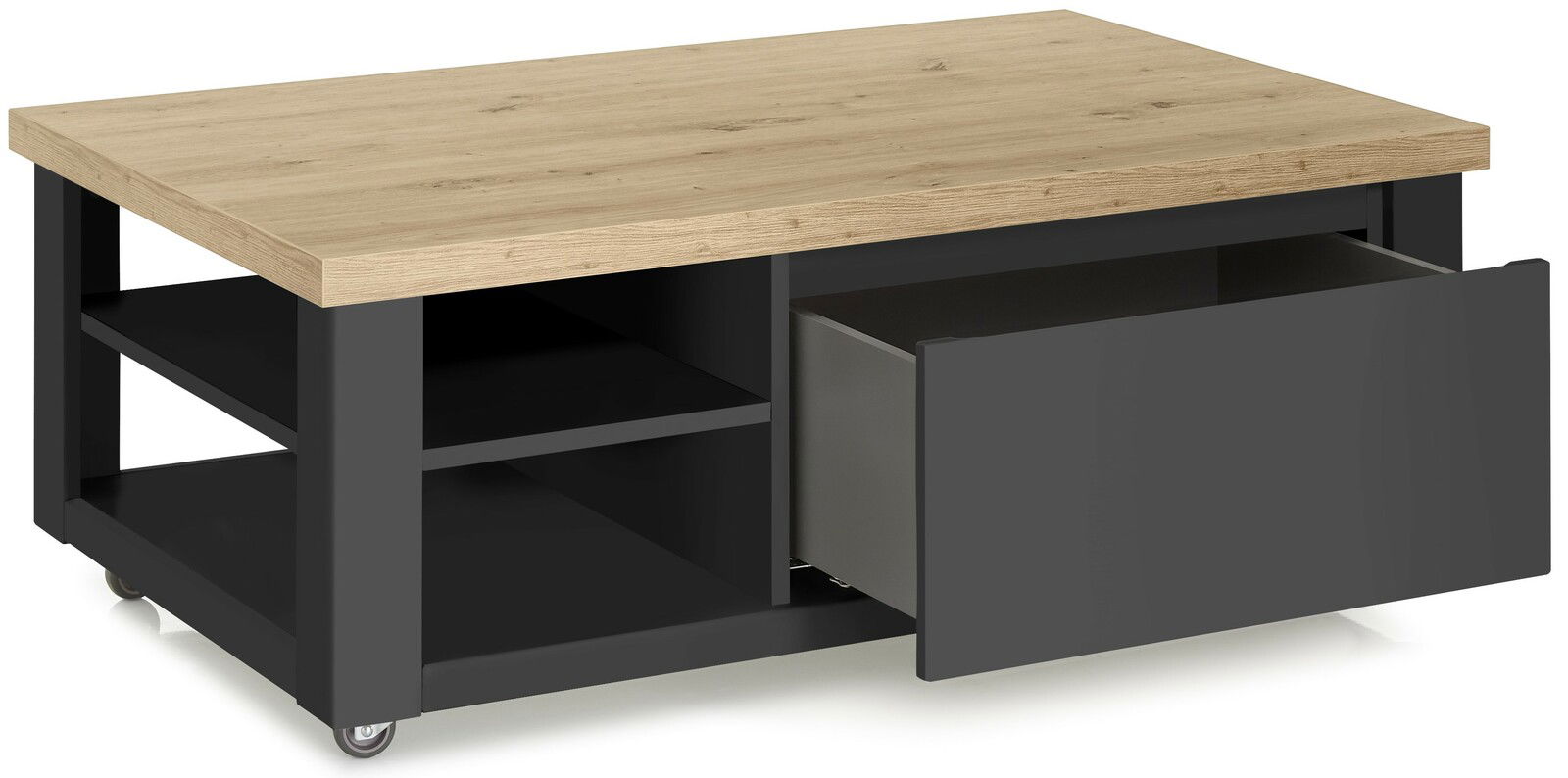 Set one by Musterring Couchtisch SET ONE YORK Moderner Couchtisch mit Holzplatte und schwarzem Gestell, Schublade und Rollen, seitliche Perspektive.