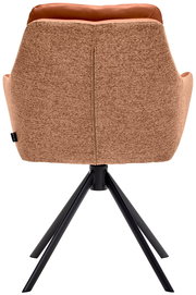 Rückansicht eines Armlehnstuhls mit braunem Stoffbezug und schwarzem Metallgestell