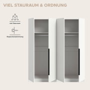 Weißer Kleiderschrank mit geöffneten Türen, viel Stauraum mit Kleiderstange und Ablage sowie Kippschutzsicherung, Frontansicht