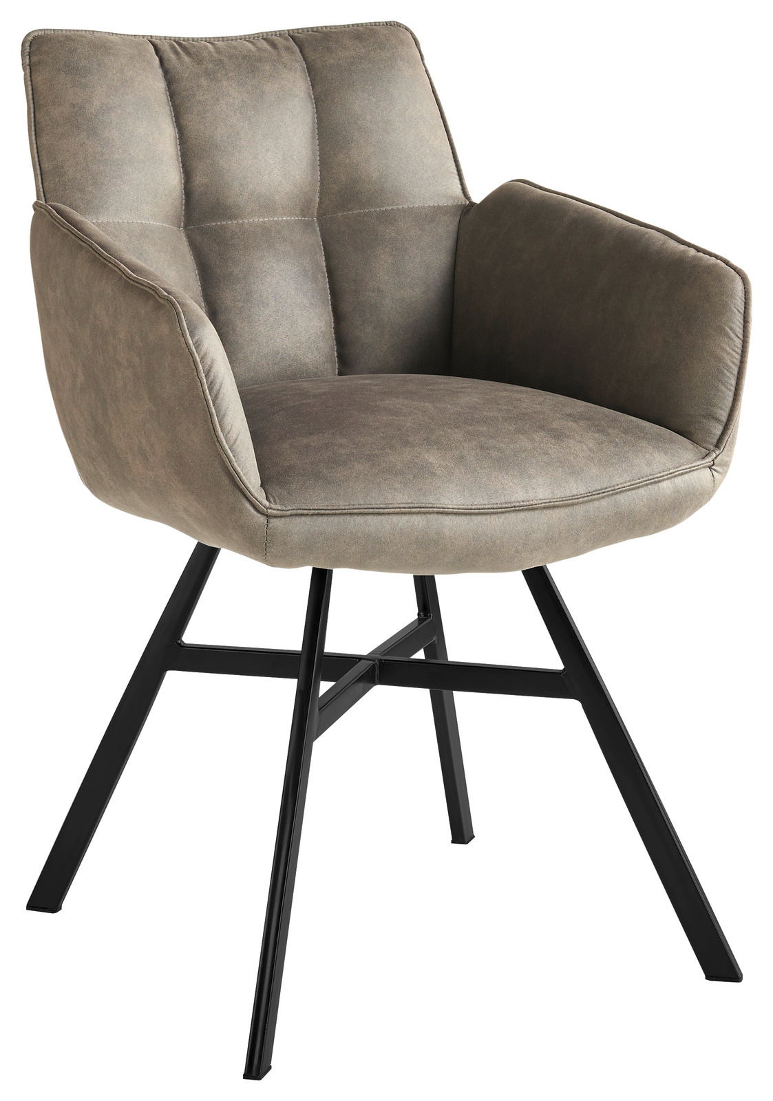 Moderner Armlehnstuhl mit gepolstertem Sitz und Rückenlehne in grauem Stoff, schwarzes Metallgestell, seitliche Perspektive