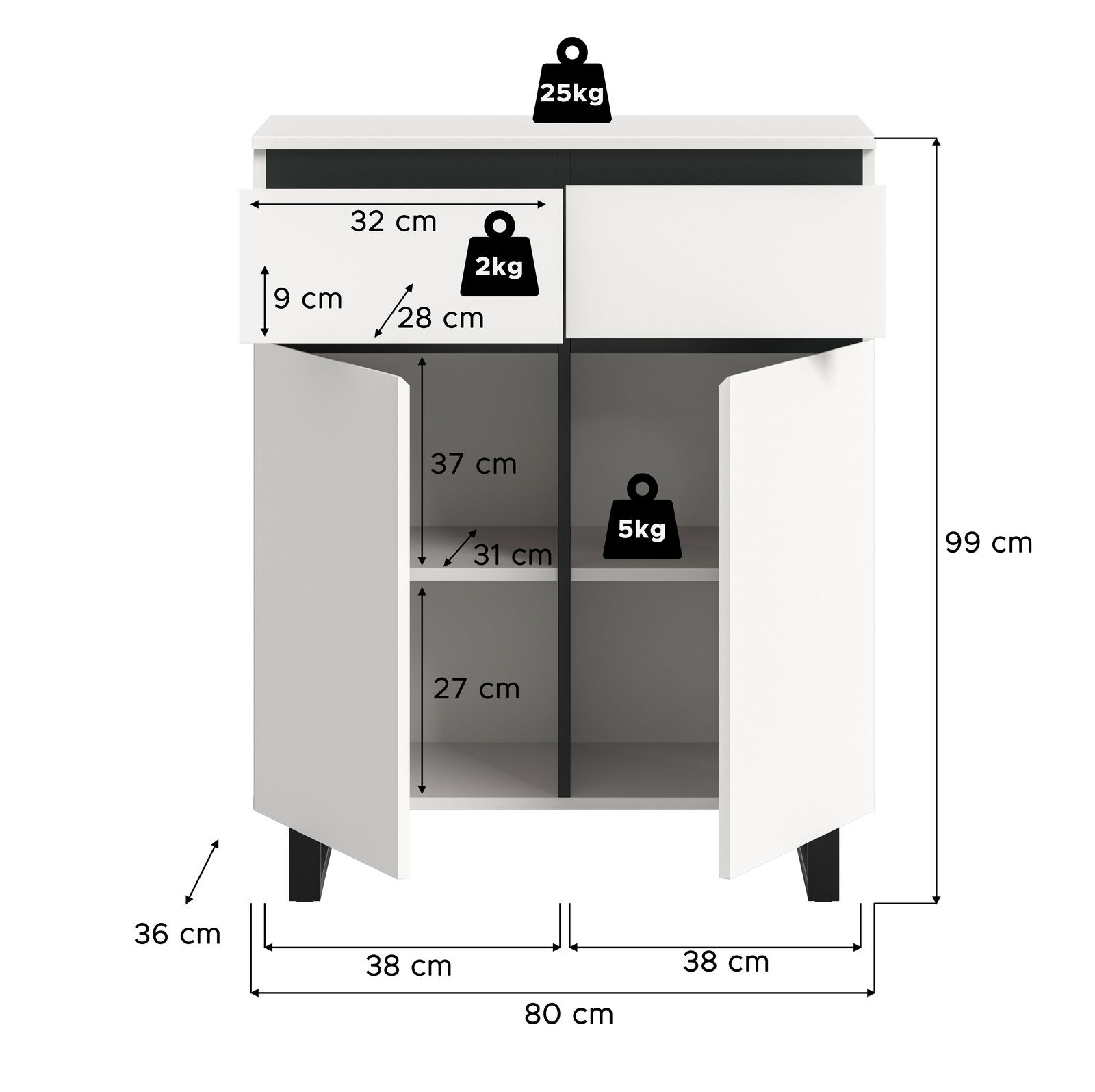 Weiße Kommode mit zwei Schubladen und zwei Türen, frontal abgebildet. Maße: 80 cm Breite, 99 cm Höhe, 36 cm Tiefe. Belastbarkeit: Oben 25 kg, Schubladen 2 kg, Fächer 5 kg.