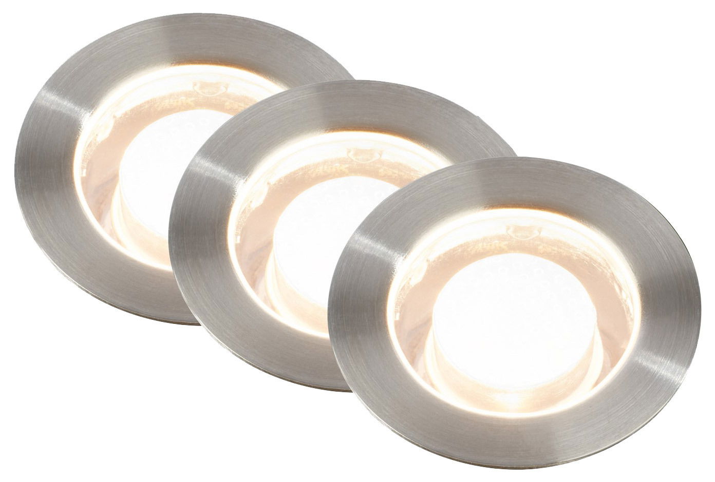 Drei runde LED-Einbauleuchten aus Edelstahl, von oben betrachtet, mit warmweißem Licht.