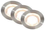 Drei runde LED-Einbauleuchten aus Edelstahl, von oben betrachtet, mit warmweißem Licht.