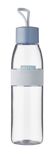 Transparente Trinkflasche Ellipse 500ml mit blauem Deckel und Trageschlaufe, Vorderansicht
